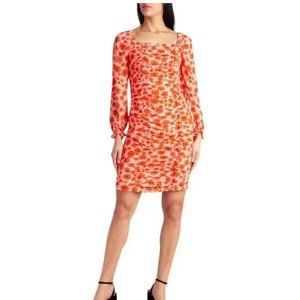 Nicole Miller Dress Womens Size 4 Orange Floral Ivy Ruched Square Neck